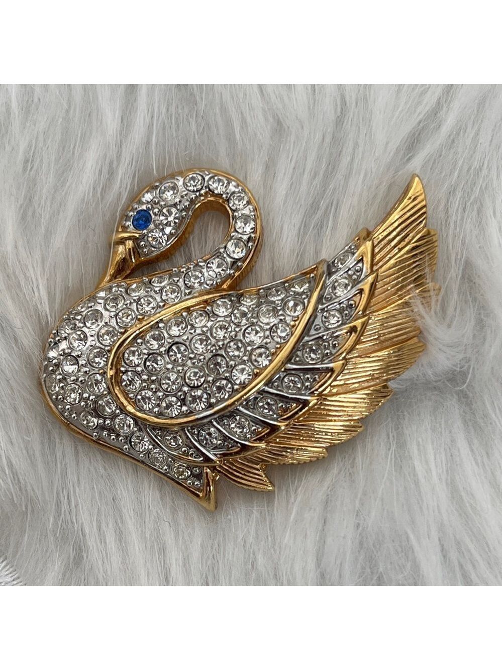 VINTAGE Signed Park Lane Swan Brooch Pave Rhinestones Blue Eye Elegant Revival